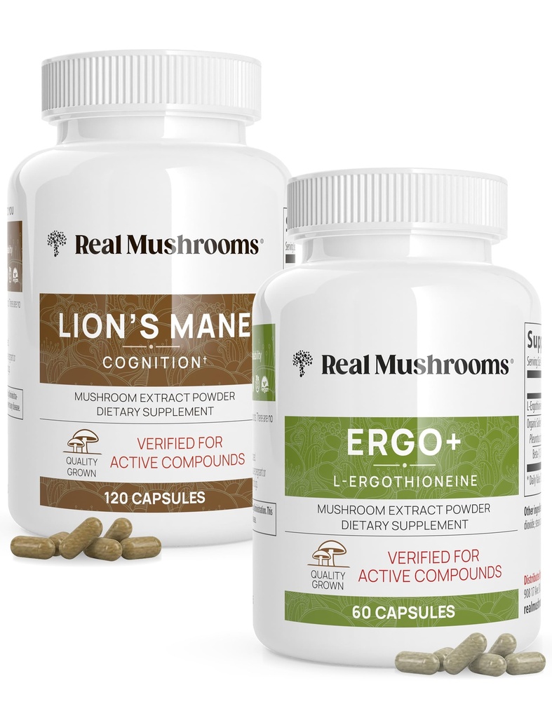 Ergothioneine (60ct) und Lions Mane (120ct) Bundle mit Shiitake und Oyster Pilzextrakten - Langlebigkeit und Kognition - Vegan, Glutenfrei, Non-GMO
