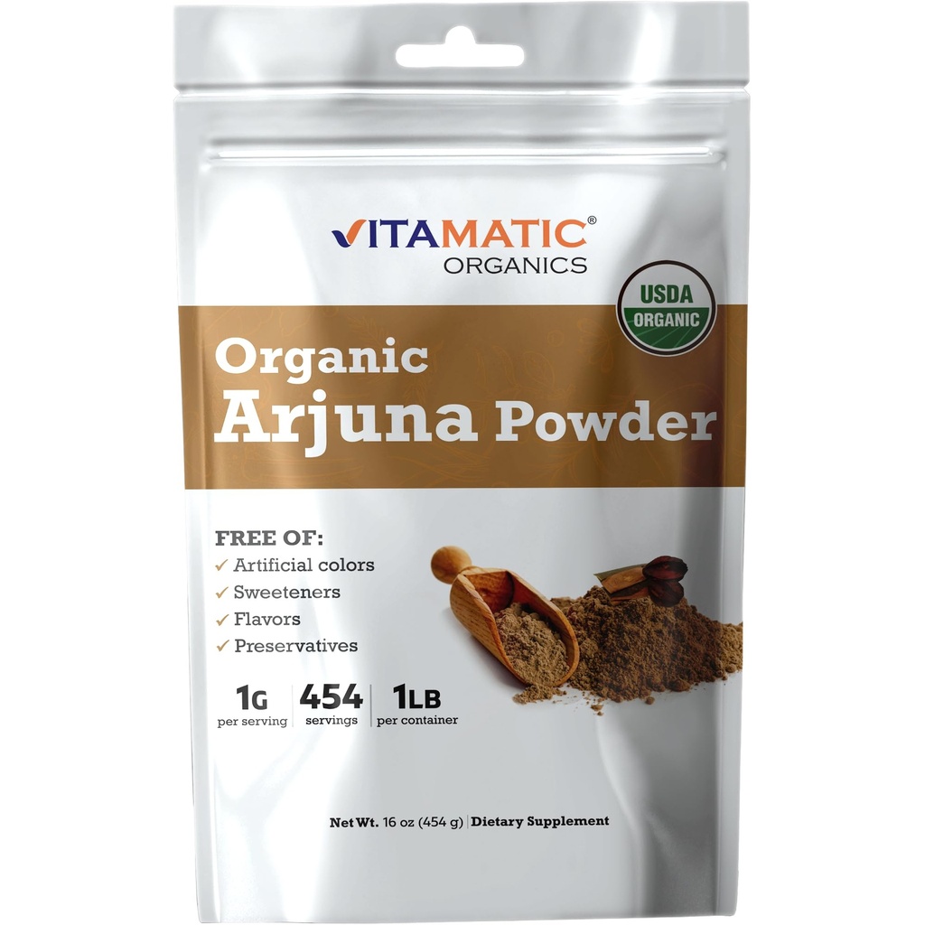 Vitamatic Certified USDA Organic Arjuna Bark Powder – 1 lb (16 oz) Pure Terminalia Arjuna Bark | Supports Heart Health, Circulation & Stress Relief
