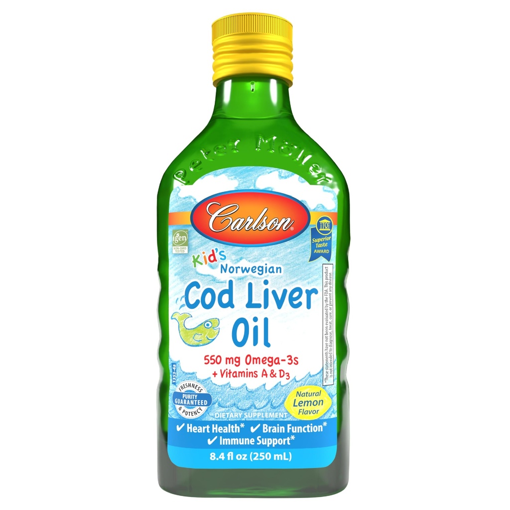 Carlson - Kid's Cod Liver Oil, 550 mg Omega-3s, Vitamine A & D3, Wild Norwegian, Lemon, 250 ml