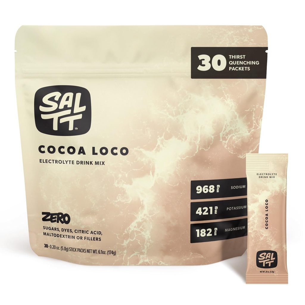 SALTT Elektrolyte Pulver Flavored Drink Mix - Kakao Loco - 30 Hydration Packets - Magnesium, Kalium, Natrium, Trace Minerals - Zero Sugar & Gluten Free - Travel Essentials