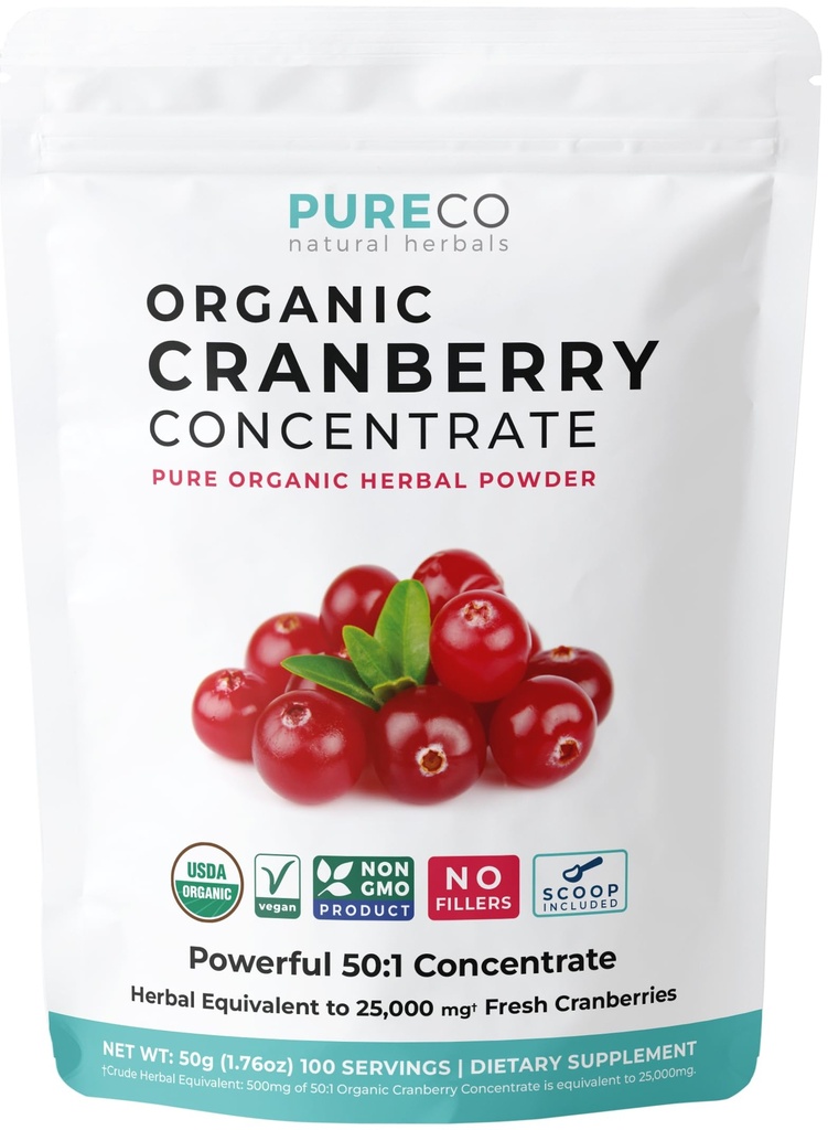 USDA Organic Cranberry Konzentrat (50:1) Pulver - 500mg entspricht 25.000 mg Frische Cranberries - für Kidney Cleanse & UTI-Support Vitamine - Frauen - Supplement - 100 Portionen - keine Pillen