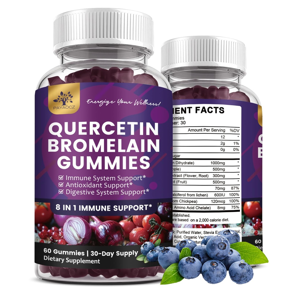 (2 Pack) Quercetin-Gummien mit Bromelain Zinkerbe Vitamin C D3 K2, Quercetin 1000mg Beilage mit Bromelain 500mg für Herz-Kreislauf-, Immunsystem & Allergie-, Vegan-Gummi für Erwachsene & Kinder