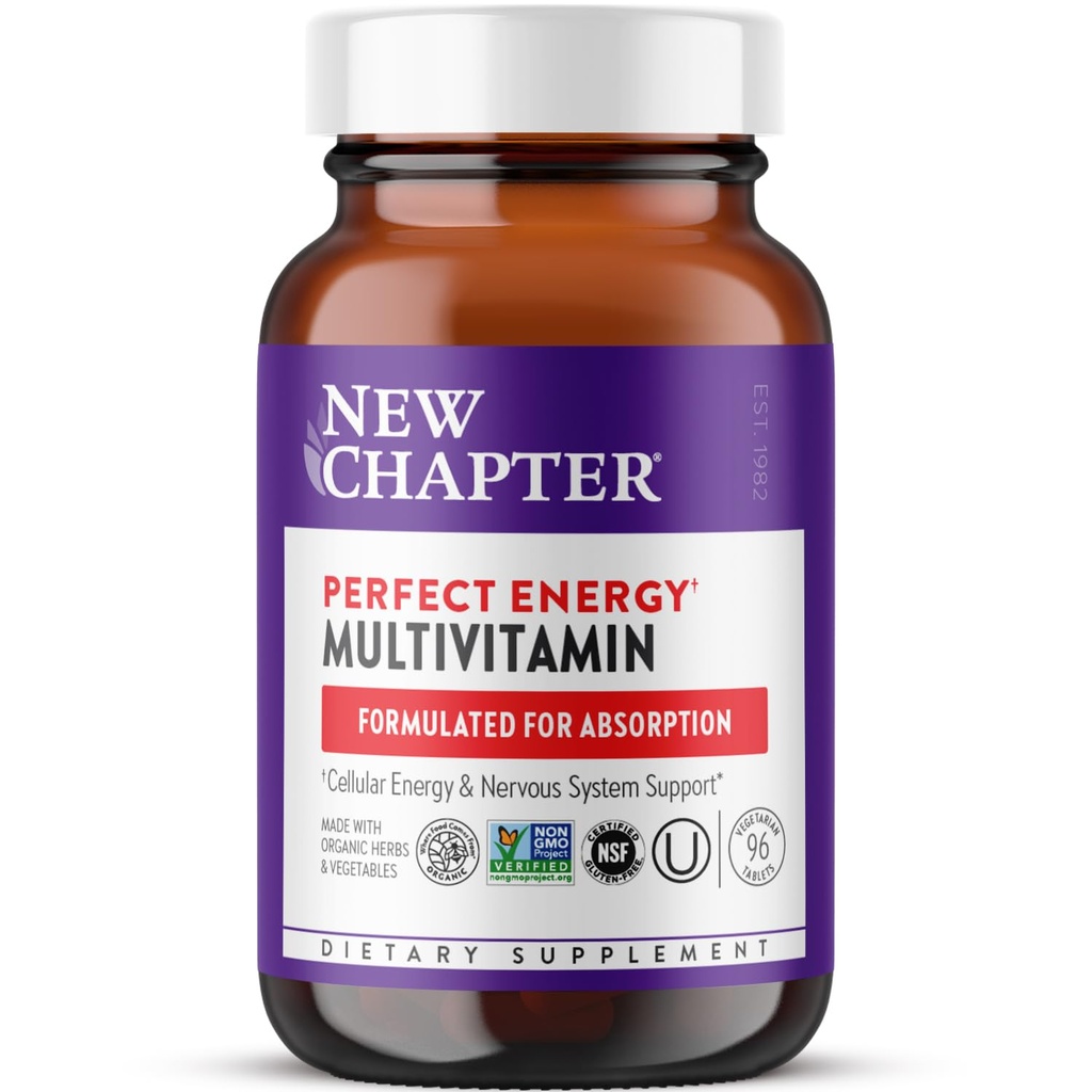 New Chapter Energy Supplement - Perfect Energy Multivitamin for Balanced Energy + Stress Support with B Vitamins + Vitamin D3 + Organic Non-GMO Ingredients - 96 ct