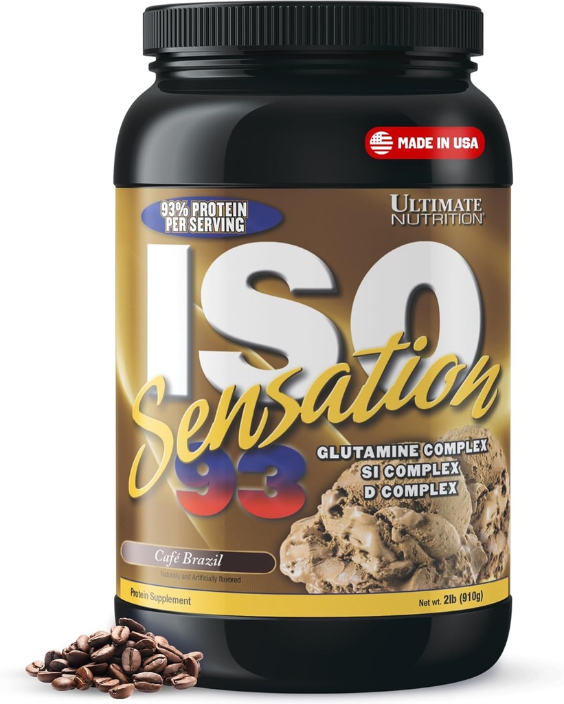 Ultimate Nutrition Whey Protein Isolate Pulver mit Glutamin Complex, ISO Sensation 93 - Whey Protein Pulver mit hinzugefügtem Kolostrum für verbesserte Erholung, Immunität & Gut Gesundheit - Cafe Brasilien, 2lbs