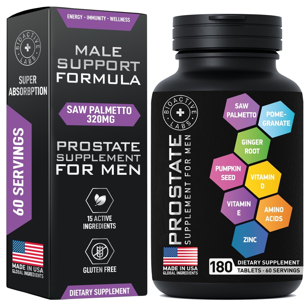 Prostate Health Supplements - Saw Palmetto for Men 320 mg, Pumpkin Seed Extract for Men's Health - 180 Prostate Supplement Tablets, 60 Serves
