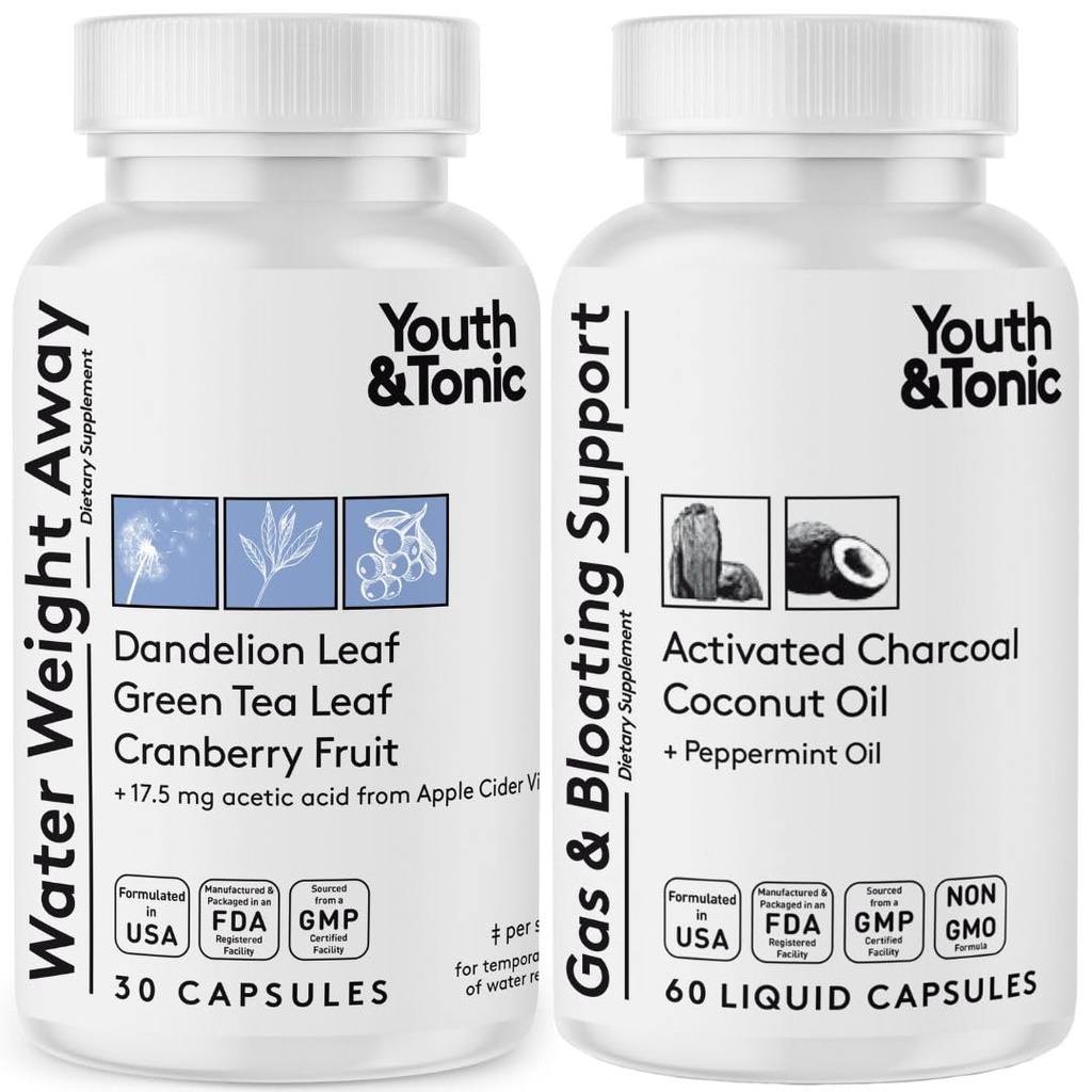 Wassergewicht Away & Gas und Bloating – Diuretic & Charcoal Pillen für Bloating Relief – Unterstützung für Wasserretention, geschwollene Beine & Digestive Bloating – Pfefferminz & Kokosöl – 90 Pillen