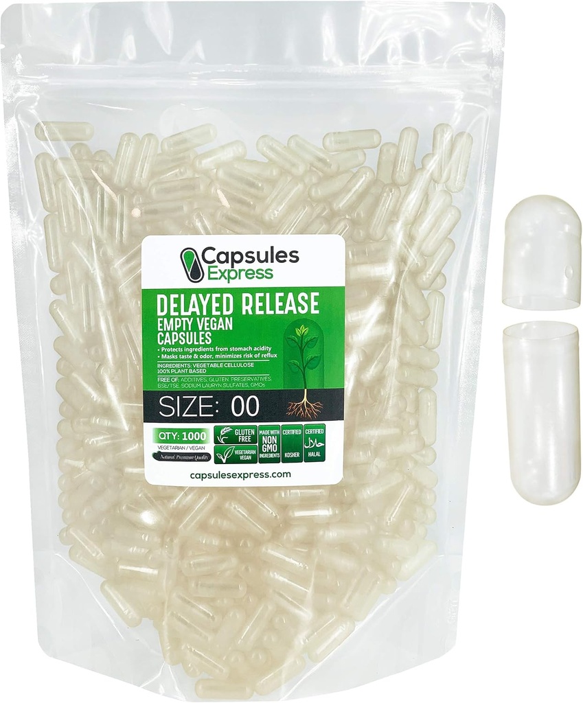 XPRS Nutra Delayed Release Size 00 Empty Capsules - 1000 Count Clear Empty Vegan Capsules - Vegetarian Pills DIY Vegetable Capsule Filling - Fillable Veggie Gel Caps for Do-It-Yourself Supplements