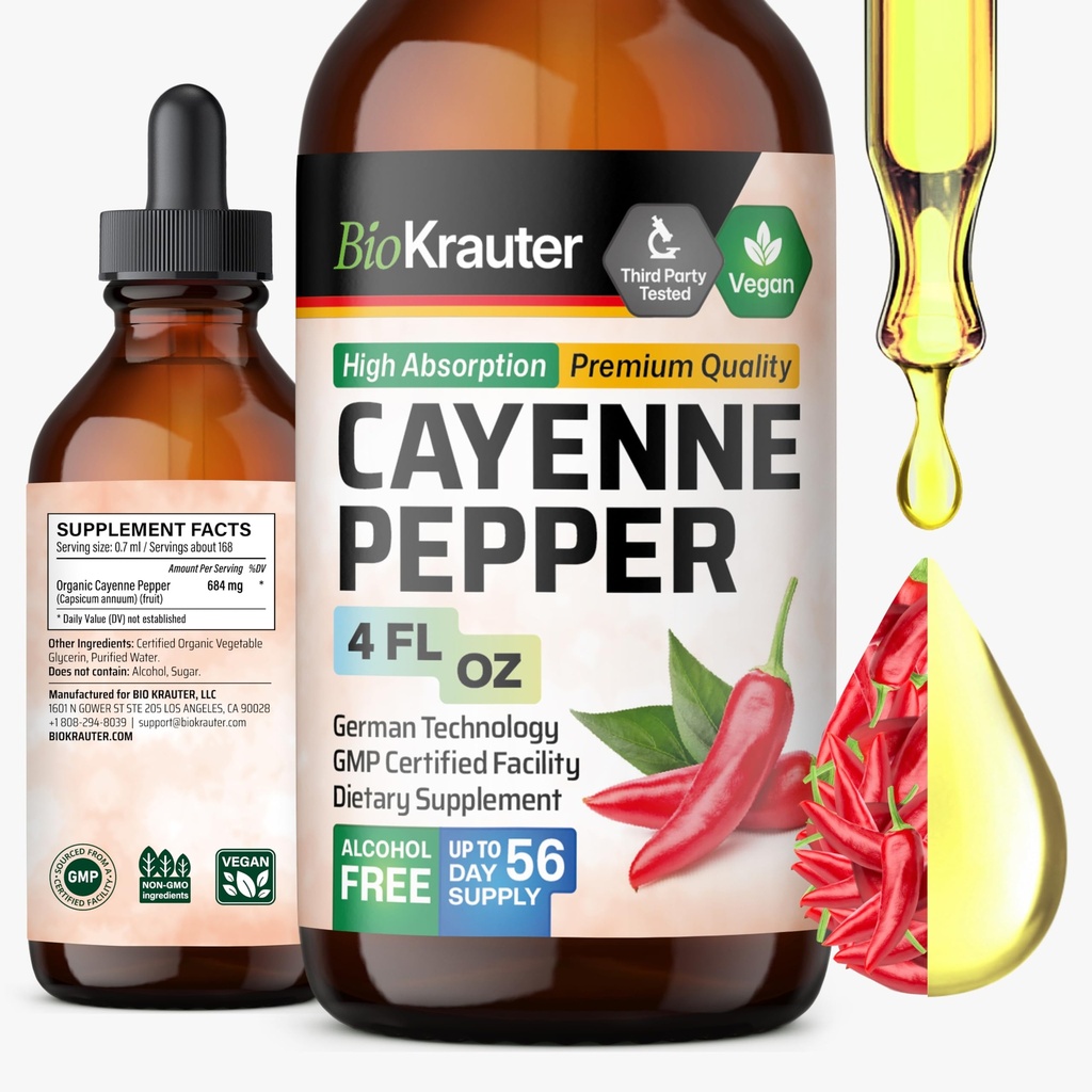 BIO KRAUTER Cayenne Pfeffer Extrakt Flüssigkeit - reine Capsaicin Extrakt - flüssige Cayenne Pfeffer Tropfen für Verdauungsunterstützung - Zucker & Alkohol frei 4 Fl.Oz.