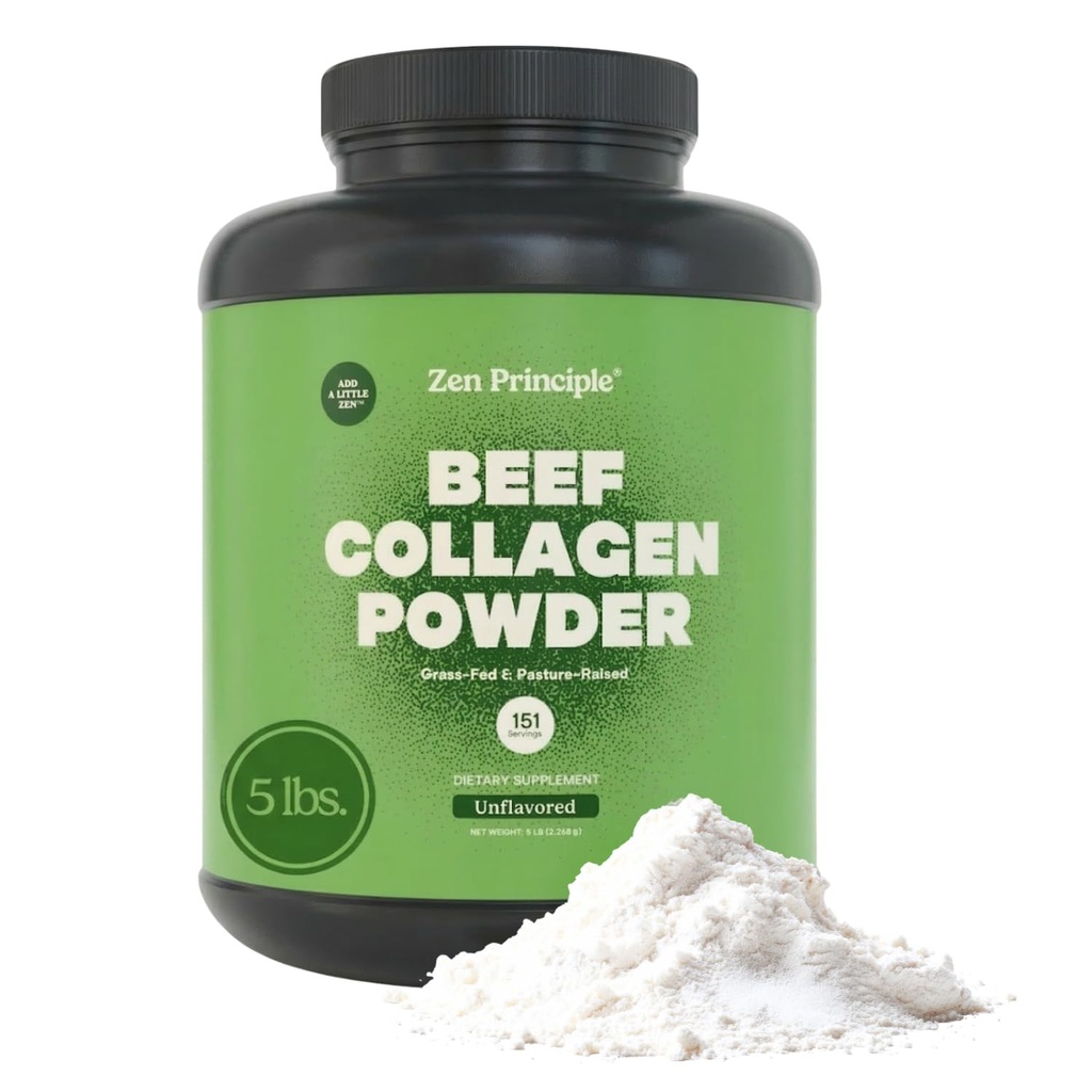 Zen Principle Grass-Fed Agglomerated Hydrolyzed Collagen Peptides 5 lb. Anti-Aging Protein for Healthy Hair, Skin & Joints. Paleo Friendly, GMO and Gluten Free, Pasture-Raised Bovine.