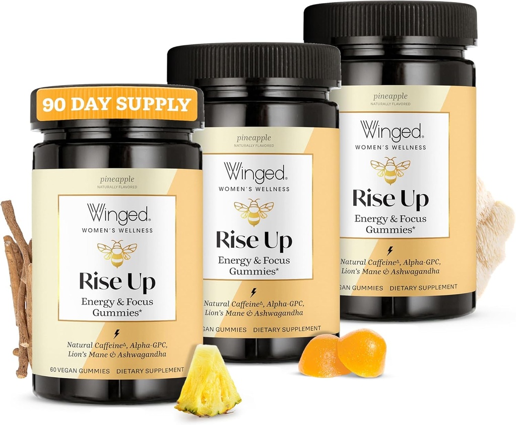 Winged Wellness Rise Up, Energy & Focus Gummies für Damen - Daily Brain Boost Gummy Supplement mit natürlichem Koffein, Ashwagandha, B12, Nootropics Alpha-GPC & Lion's Mane - Ananas, 180 Gummies