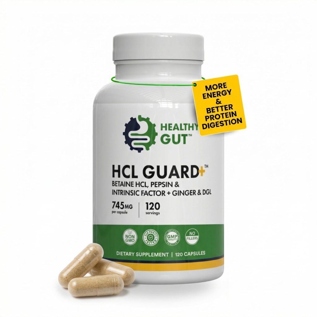 Gesundes Gut HCL Guard+ | Fördert gesunde Verdauungsfunktion | Betaine Hydrochlorid, Organic Ginger Root, DGL und Pepsin | 60 Servierungen