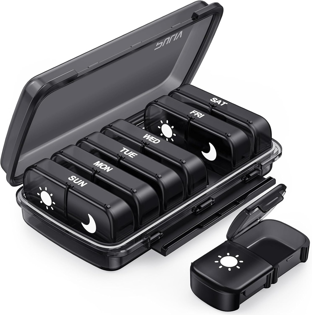 PULIV Organisateur de pilules hebdomadaires 7 jours 2 fois par jour, Black Damp-Proof AM Pill Box 7 jours, cas de pilule avec conception portable, grand organisateur de médicaments pour les vitamines, médicaments, huiles de poisson, suppléments