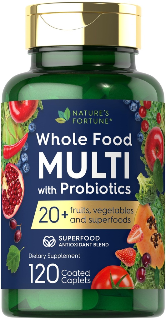 Nature's Fortune Whole Food Multivitamin mit Probiotics | 120 beschichtete Kapseln | Hergestellt mit 20 Früchten und Gemüse | Non-GMO & Gluten Kostenlose Ergänzung