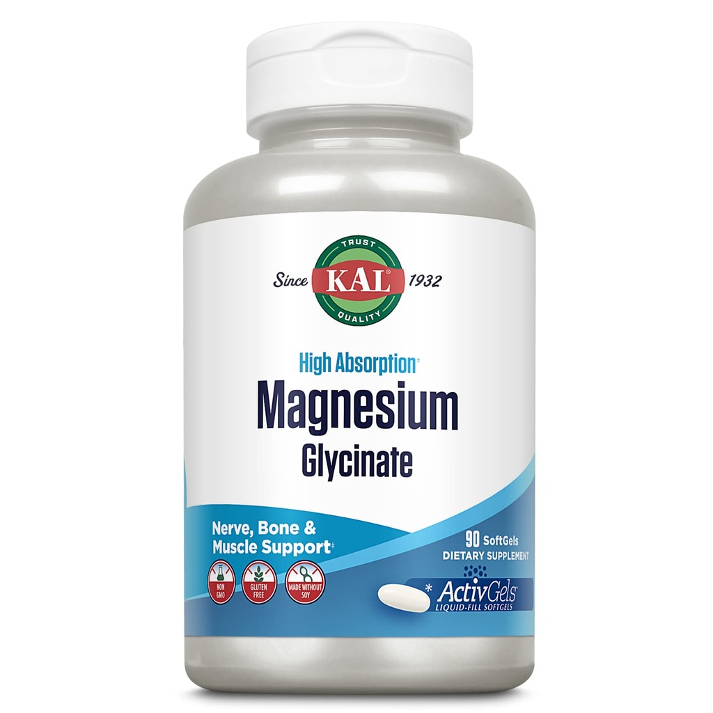 KAL Magnésium Glycinate ActivGels 315mg, supplément de magnésium à haute absorption pour le soutien de la santé musculaire, nerveuse et osseuse, sans OGM, sans gluten, 30 portions, 90 Softgels