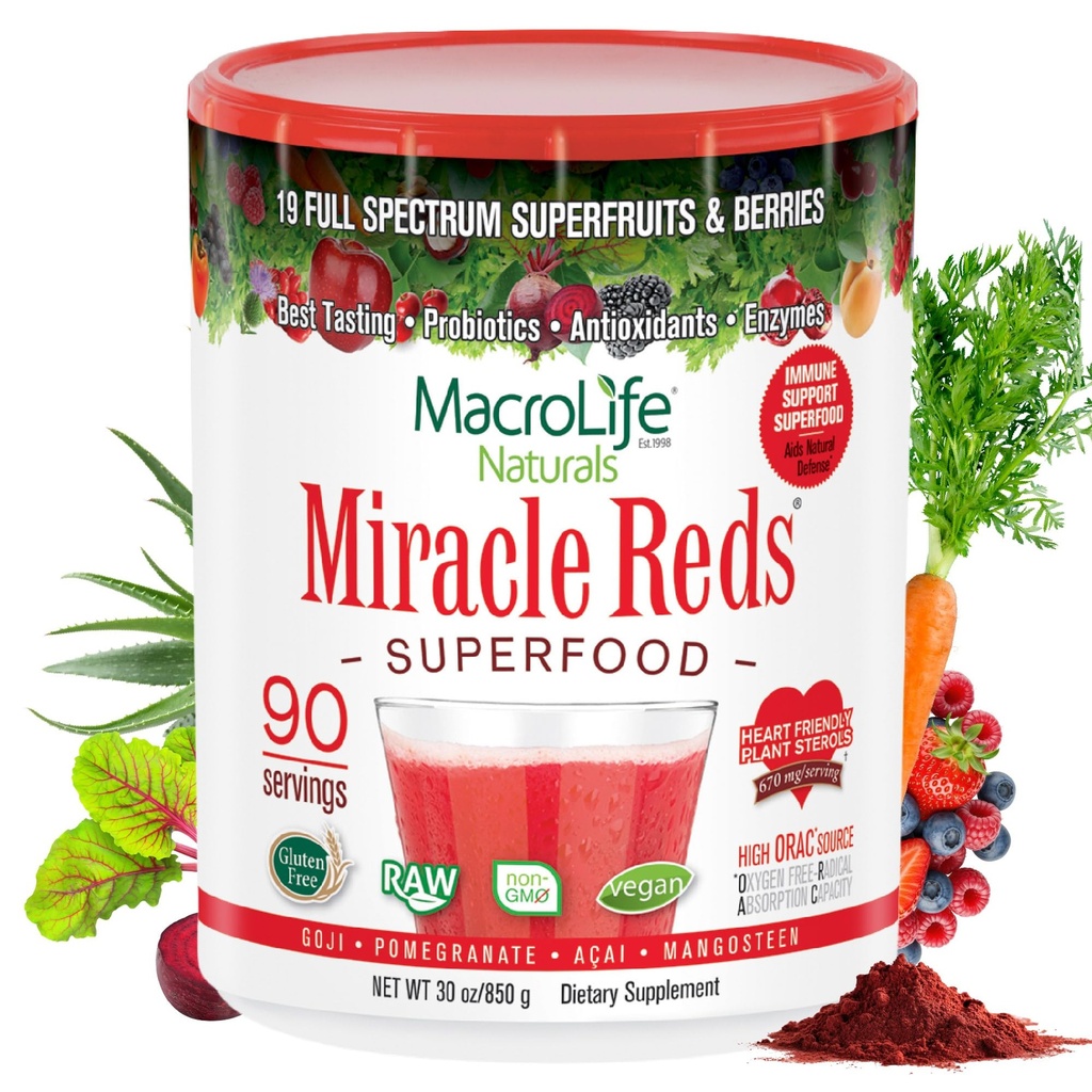 MacroLife Naturals Miracle Reds Superfood Supplement Pulver Antioxidantien Polyphenole Enzyme Probiotics - Rohe Non-GMO Bio Vegan Gluten & Dairy Free - 30oz (90 Portionen) 30oz