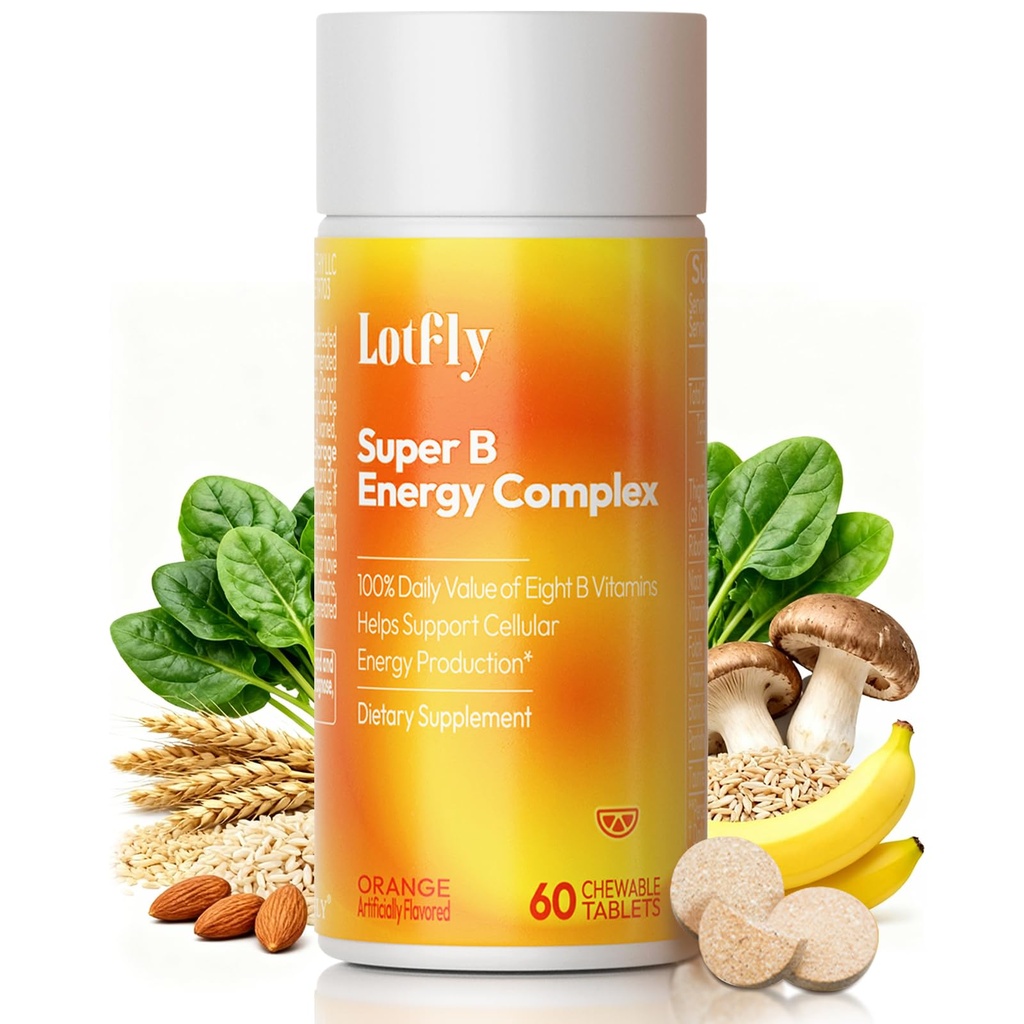 Vitamin B Complex with B1, B2, B3, B5, B6, B7, B9, B12 Taurine–Immune Support, Energy Metabolism and Nervous System – Super B Complex with Blood Orange Powder – 60 Tablets for Men & Women