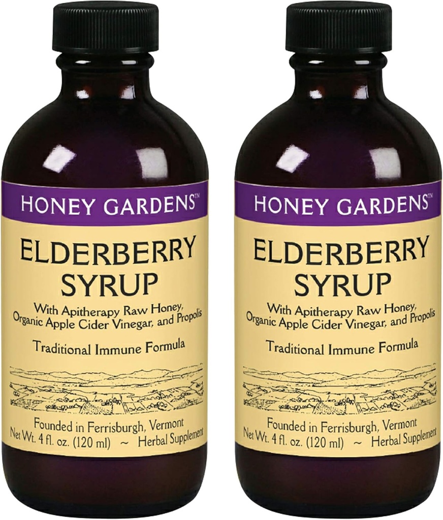 Honey Gardens Elderberry Syrup mit Grade A Raw Honey, Propolis, Organic ACV & Elderberries | Traditionelle Immunformel w/Echinacea | Made in USA (4oz, 2pk)