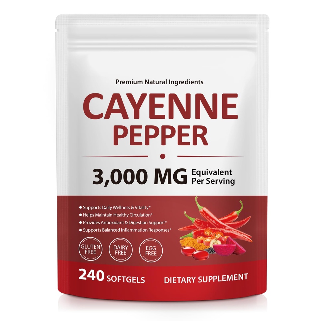 Cayenne Pepper Softgels Supplement, 12-in-1 per Serving Rich with Vitamins D3, K2 & E and Extracts of Grape Seed, Hawthorn, Beetroot, Supports Healthy Circulation & Daily Energy- 240 Softgels