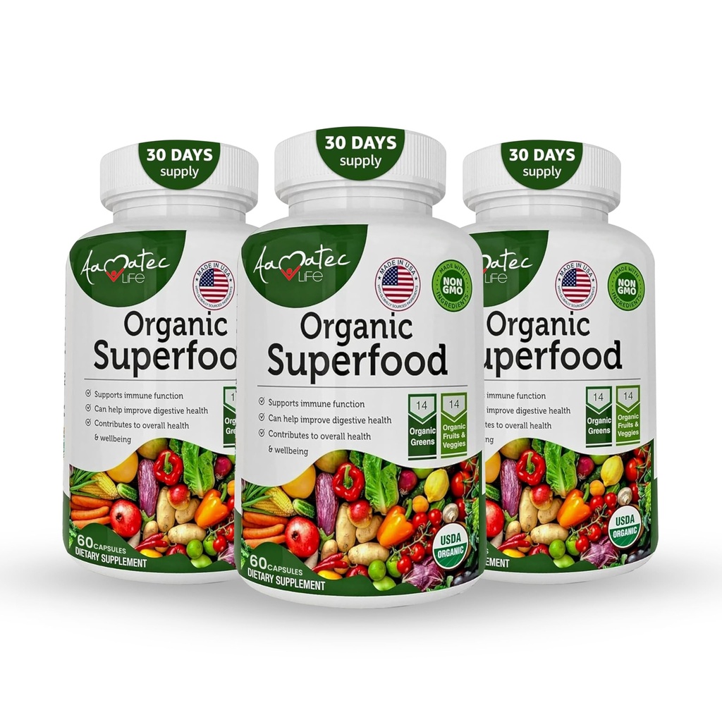 Complexe de fruits et légumes bio Superfood Greens - Meilleur complément alimentaire avec 14 verts et 14 fruits et légumes avec Alfalfa Riche en antioxydants Ingrédients organiques Non-OGM (180 Count Pack de 3)
