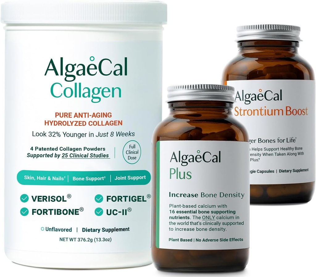 ALGAECAL Bone Builder & Collagen Bundle – Collagène cliniquement soutenu avec Verisol, Fortibone, Fortigel + Calcium à base végétale, Strontium, D3, K2, Magnésium et 16 nutriments pour la beauté et la santé des os