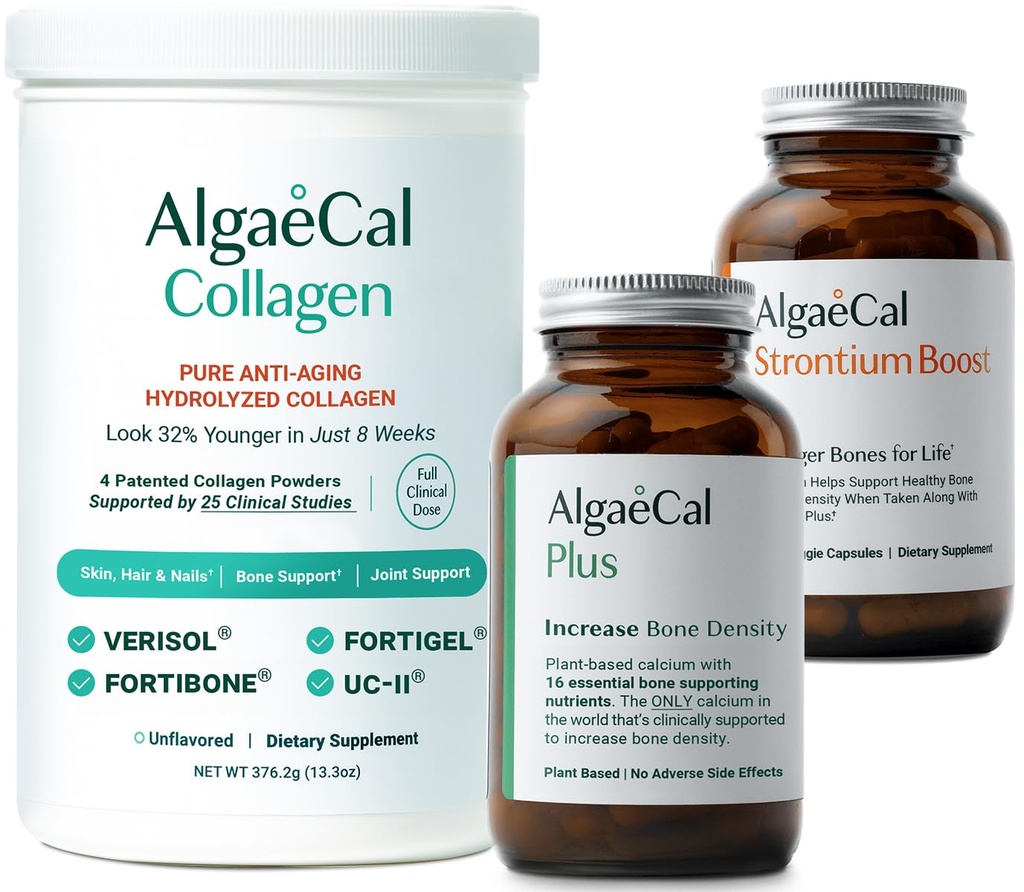 ALGAECAL Bone Builder & Collagen Bundle – Klinisch unterstütztes Kollagen mit Verisol, Fortibone, Fortigel + Pflanzenbasiertes Calcium, Strontium, D3, K2, Magnesium & 16 Nährstoffe für Schönheit & Knochengesundheit