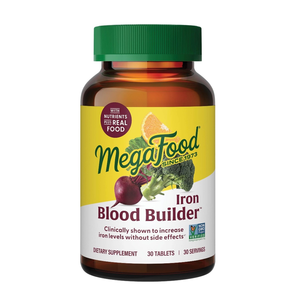Supplément de fer Megafood Blood Builder pour les femmes et les hommes - Augmenter les niveaux de fer sans effets secondaires - Combattre la fatigue - avec la vitamine B12, acide folique et vitamine C pour l'absorption - végétalien - 30 comprimés