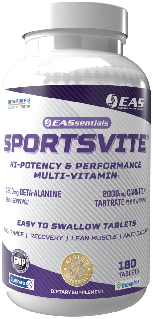 EAS SportsVite High Potency Multivitamin for Athletes | Vitamin & Mineral Nutrient Blend | 2300mg Beta Alanine, 2000mg Carnitine Tartrate | 180 Tablets