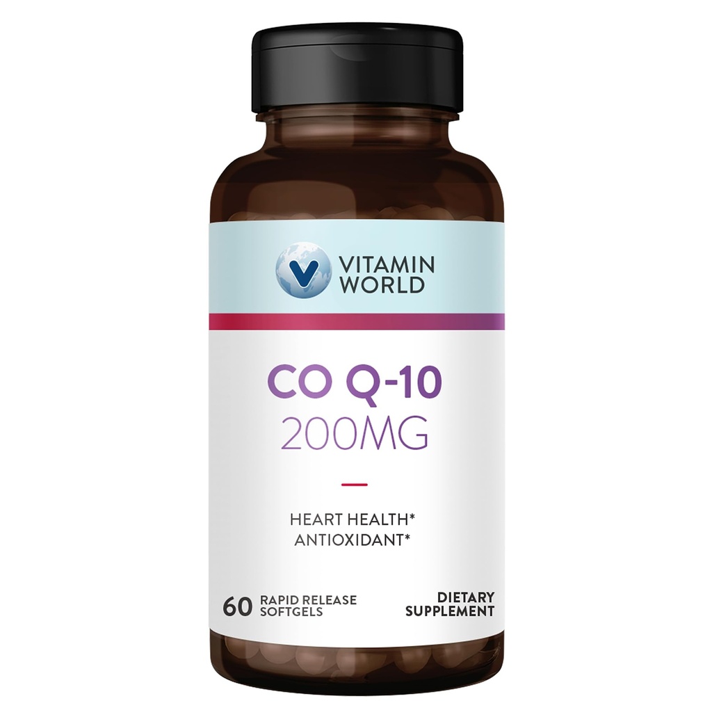 Vitamin World CoQ10 200 mg Softgels, Coenzym Q10 Ergänzungen für Antioxidantienunterstützung, Herzgesundheit & Energieproduktion, Glutenfrei, 60 Rapid Release Softgels