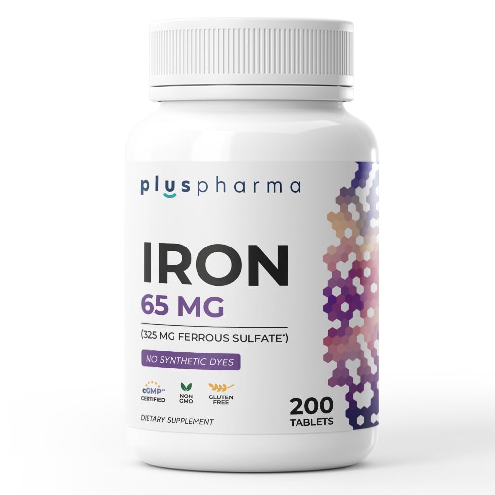 Iron 65 mg (from 325 mg Ferrous Sulfate), 200 Tablets, High Potency Iron Supplement, Non-GMO, Gluten Free, No Synthetic Dyes