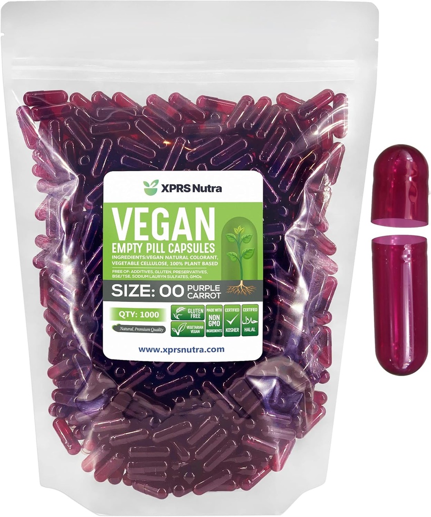 XPRS Nutra Taille 00 Capsules vides - 1000 Compte Capsules vides de végétalien - Pilules vides végétariennes - Bricolage Gélule végétale Remplissage- Caps de pilules végétariennes (carotte pulpeuse)