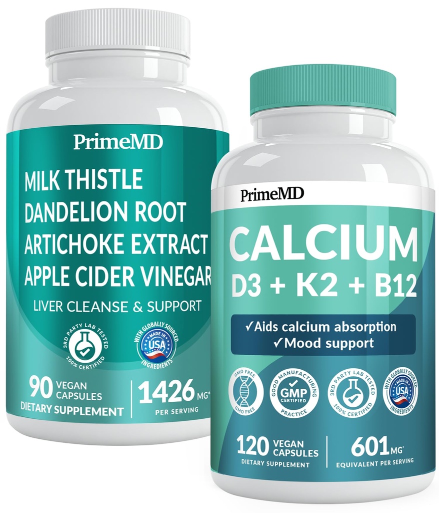 Calcium D3 K2 B12 (1pk) et supplément de soutien du foie (1pk) - Vitamines potentielles pour os, coeur, fonction hépatique et soutien immunitaire - Non-OGM, végétalien, sans gluten