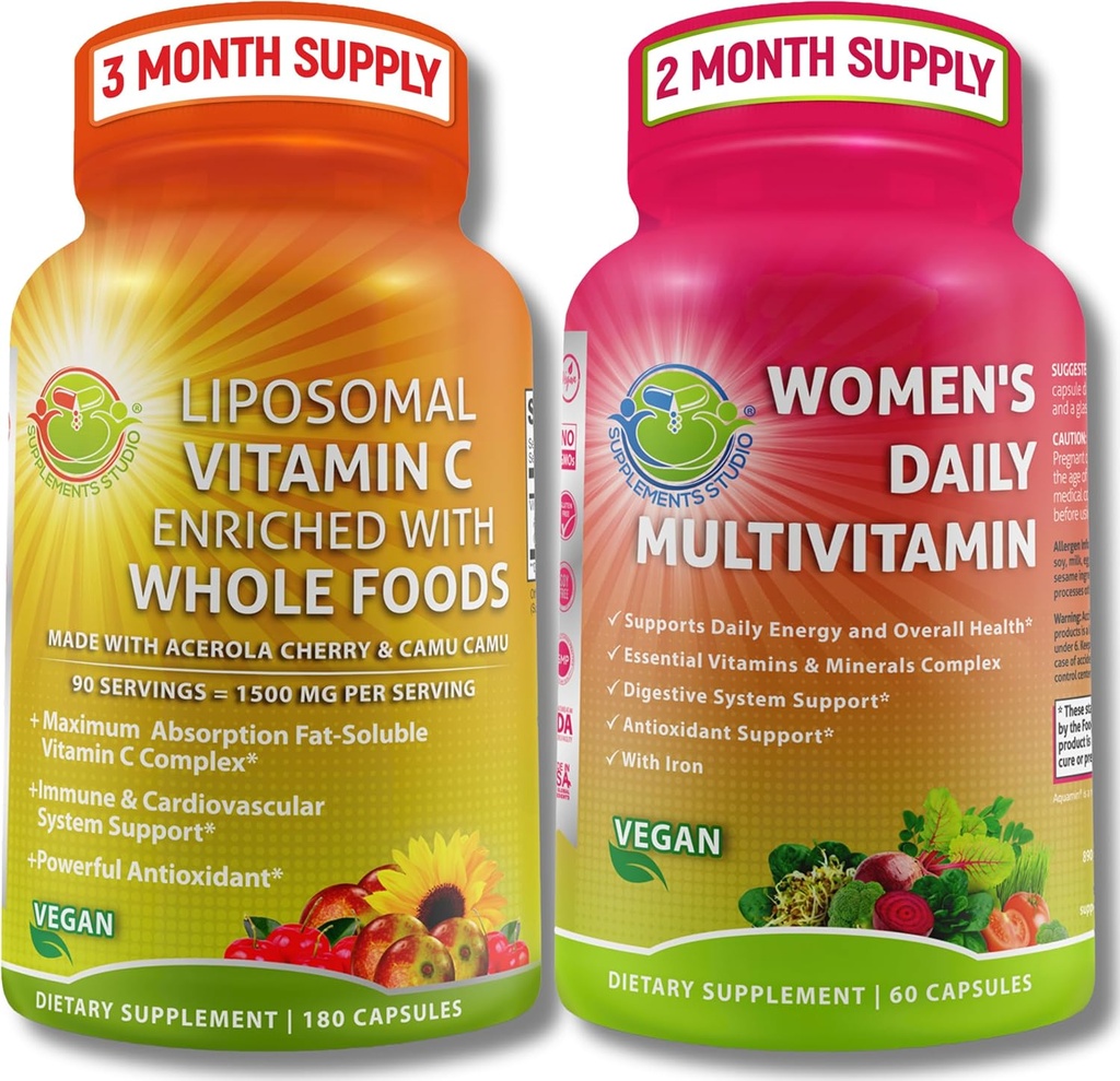 Antioxidant & Immunität Support Bundle - Liposomales Vitamin C 1500mg mit Bio Acerola Cherry & Camu + Women's Daily Multivitamin mit Eisen, Superfoods, Probiotics & Enzymes – Vegan, Non-GMO