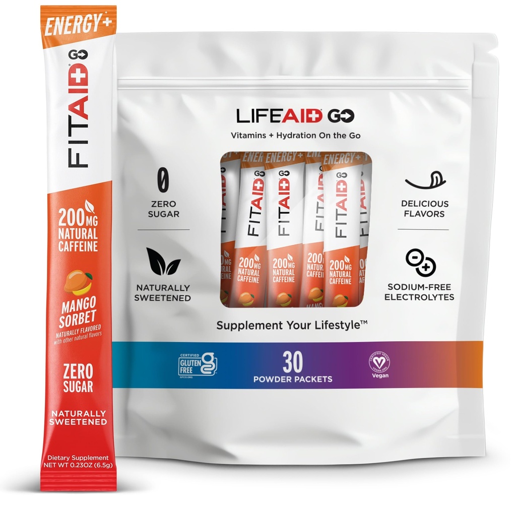FITAID Energy GO Blend, 200mg Caffeine from Green Tea, Zero Sugar, All-in-One Drink: BCAAs, B-Complex, COQ-10, Keto Friendly Pre-Workout Drink, Paleo, Mango Sorbet, (Value Pack of 30)