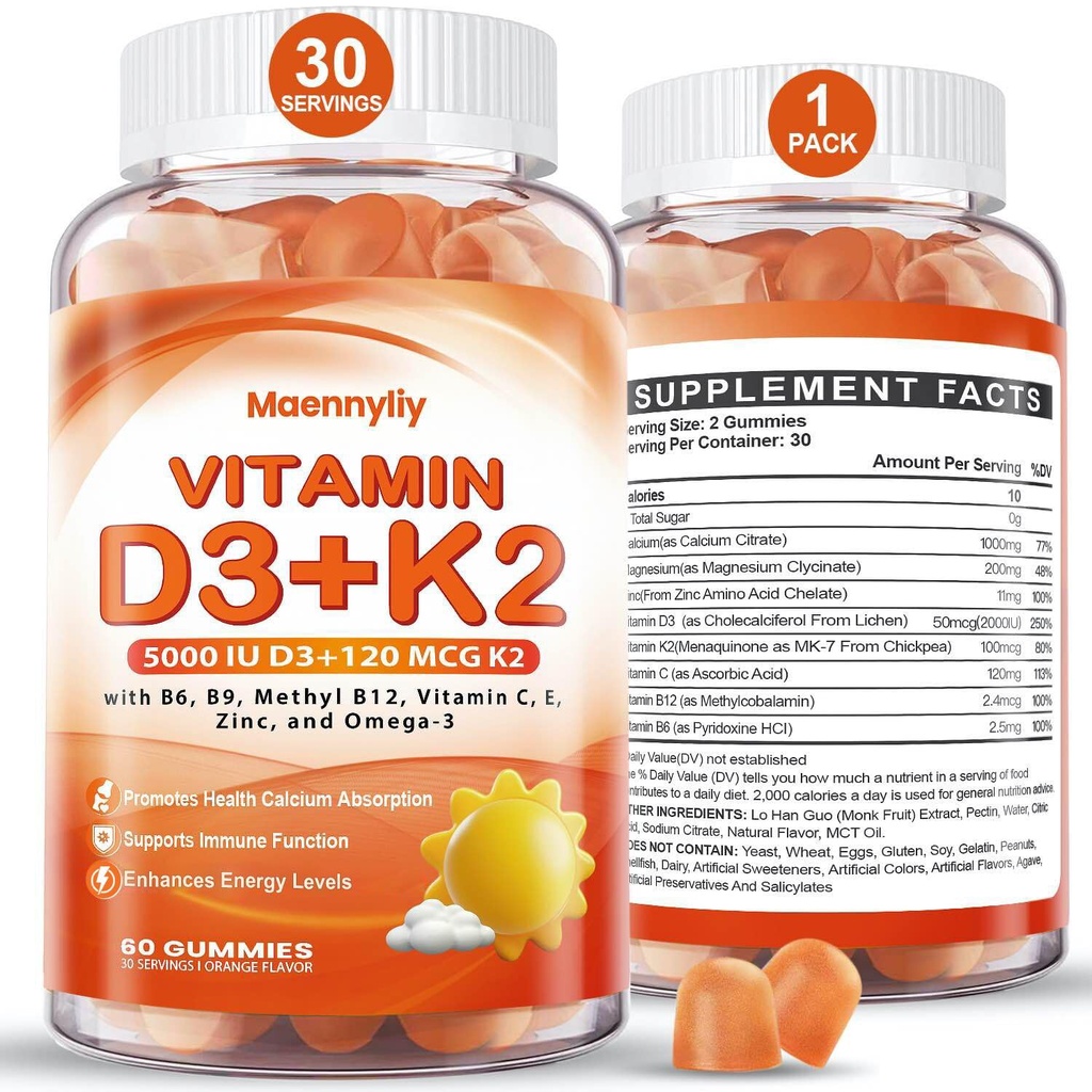 Vitamin D3 K2 Gummi für Erwachsene - Vitamin D3 5000IU + K2 (MK-7) 120mcg - Zuckerfreie D3 und K2 Beilagen mit Omega-3, Methyl B12, B9, B6, Vitamine E & Zink - für Calciumabsorption & Immune Gesundheit