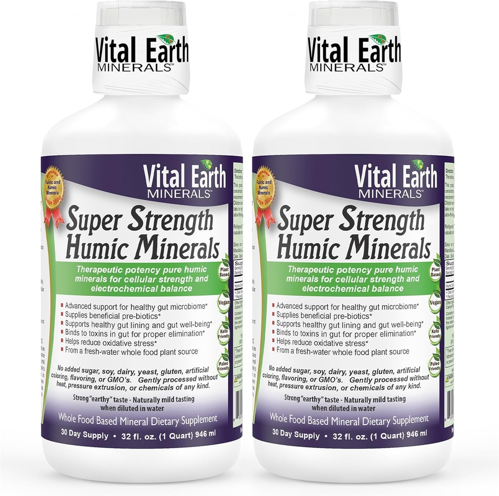 Vital Earth Minerals Super Strength Humic Minerals 2-Pack – Fulvic Acid Supplement mit 70+ Trace Minerals, Elektrolyte für Detox & Digestion, 32 Oz Ea + 1 Oz Cup
