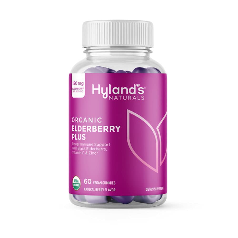 Hyland's Organic Elderberry Plus Gummis, Organic Black Elderberry mit ZINC und Vitamin C, Immununterstützungsergänzung für Erwachsene, 60 Vegan Gummies (30 Tage)