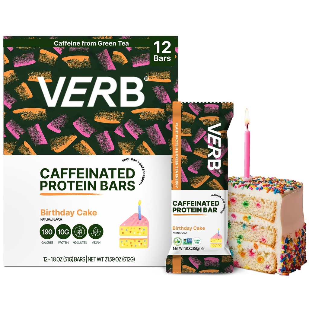 Verb Energy - Caffeinated Protein Bars Birthday Cake 10g Plant Based Protein Bars High Protein - Vegan Snack - Gluten Free Breakfast Snack with Organic Green Tea, 51g (Pack of 12)