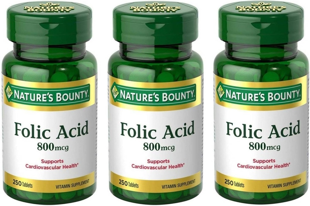 Acide folique 800 mcg Comprimés Résistance maximale, 3 bouteilles (250 Nombre)