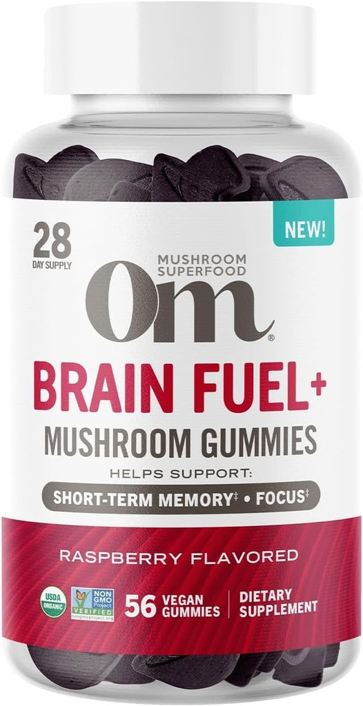 OM MUSHROOM SUPERFOOD Brain Fuel+ Gummies – USA Grown Organic Lion’s Mane – Supports Memory, Focus & Cognitive Function – Raspberry Flavor – 28 Servings, 56 Count.