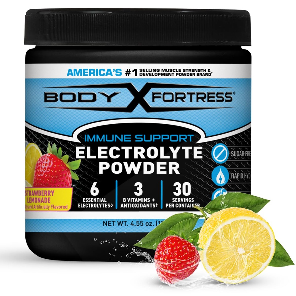 Body Fortress Electrolyte Powder Strawberry Lemonade - Rapid Hydration Drink Mix with 6 Essential Electrolytes & 3 B Vitamins - Sugar Free, Keto Friendly, No Color Added, Clear Hydration - 30 Servings