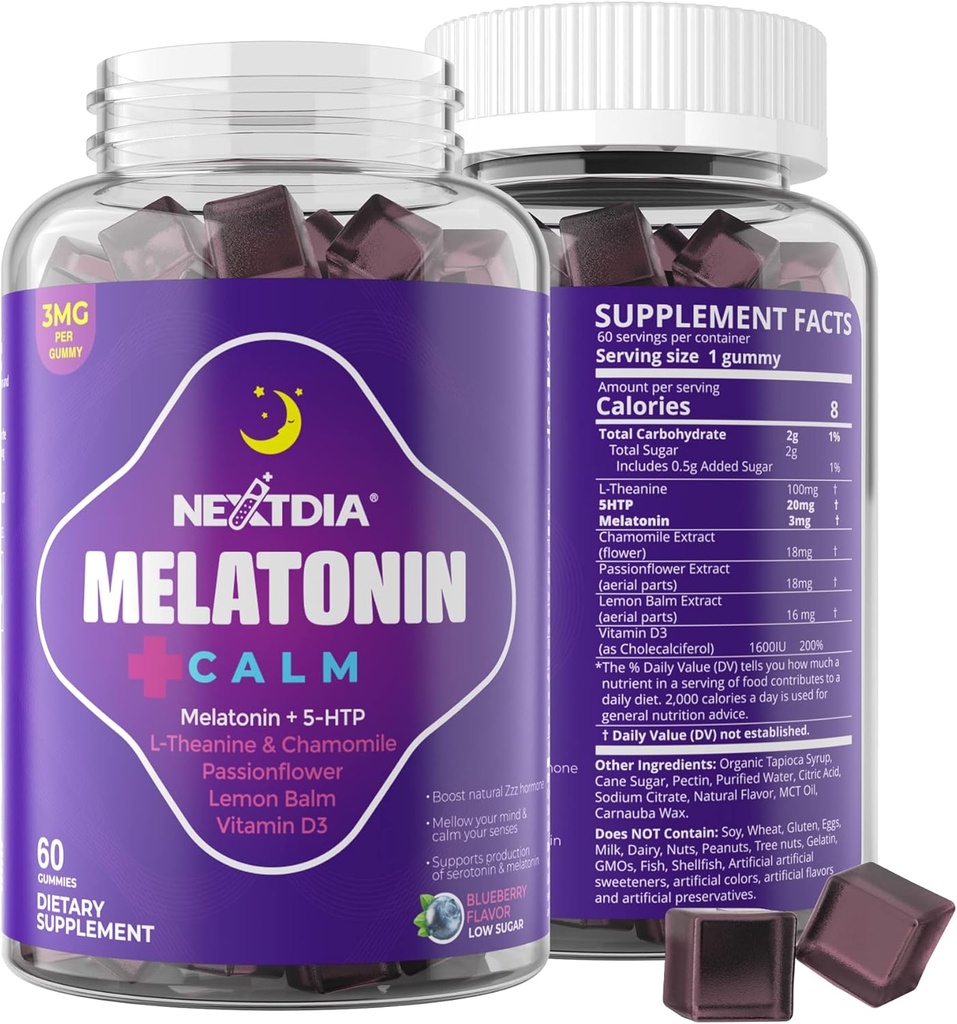 Mélatonine Gummies 3mg 5mg 1mg - Healthy Calm Cycle Support avec 5HTP, L-Theanine, Baume de citron, Camomille, Fleur de passion, Vitamine D3 pour le soutien immunitaire - Faible sucre, Sans gélatine, Vegan - 60 comtes
