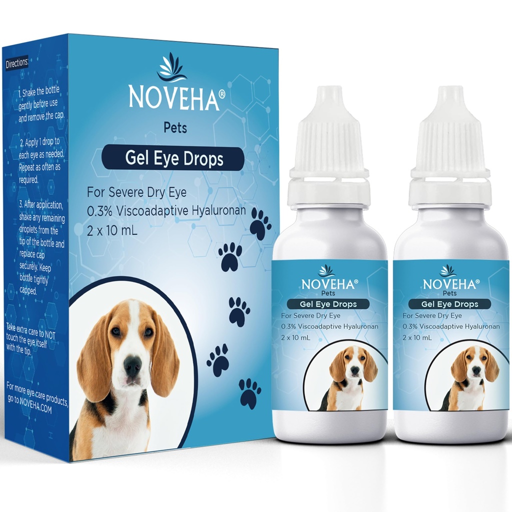 NOVEHA Pet Gel Eye Drops mit 0,3% Viscoadaptive Hyaluronan | Augenlösung für schwere trockene Augen - Lang anhaltende Hydration, Reduziert Nuisanz, Quellung und Trockenheit - Augenschmiermittel für Hunde und Katzen (2x10mL)