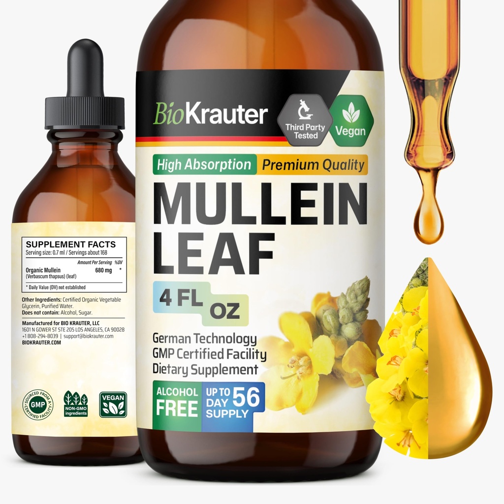 BIO KRAUTER Mullein Drops for Lungs 4 Fl. Oz - 56 Days of Supply - Pure Mullein Leaf Extract for Lung Detox & Cleanse - Vegan Respiratory Supplements - Non-GMO, No Sugar & Alcohol