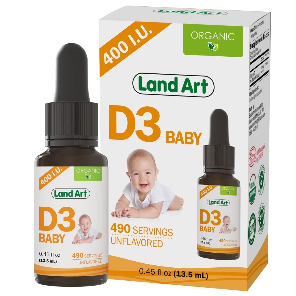 Land Art - Certified Organic Vitamin D3 Drops Baby – 400 IU pro Tropfen – 490 Servierungen – unterstützt Knochen & Zähne Entwicklung – Vitamin D Tropfen für Kleinkinder – GMO-frei - Glutenfrei – 0,45 fl oz
