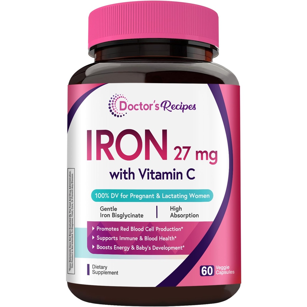 Doctor's Recipes Iron Supplement for Pregnant Women, Chelated Iron Bisglycinate, with Vitamin C for High Absorption, Gentle, Red Blood Cell Production Support, 60 Vegan Caps