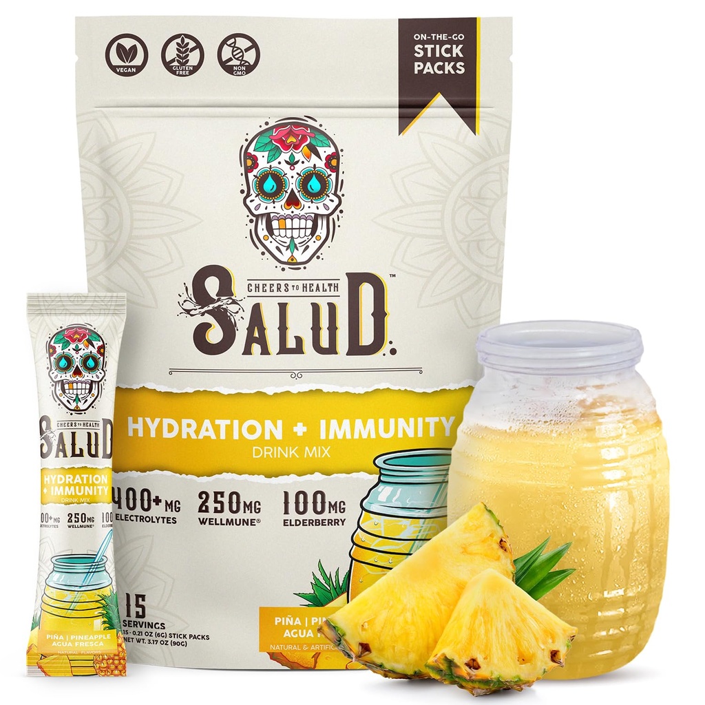 Salud 2-in-1 Hydration Packets + Immunität Elektrolyte Pulver, Ananas - Agua Fresca Drink Mix, Elderberry, Dairy & Soy Free, Non-GMO, Glutenfrei, Vegan, Low Calorie, 1g Zucker (15 Servierungen)