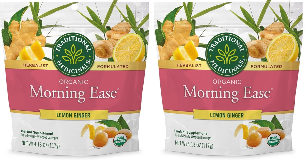Traditional Medicinals Organic, Morning Ease Lozenges, Lemon Ginger Supports Pregnancy Nausea Relief & Morning Sickness Associated with Normal Pregnancy 30 Individually Wrapped Lozenges, (Pack of 2)