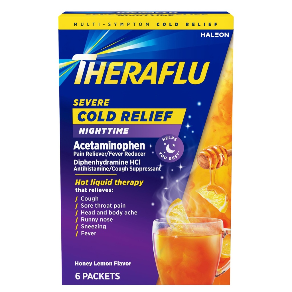 TheraFlu Nighttime Severe Cold Relief Honey Lemon Flavor Powder - 6 Ct