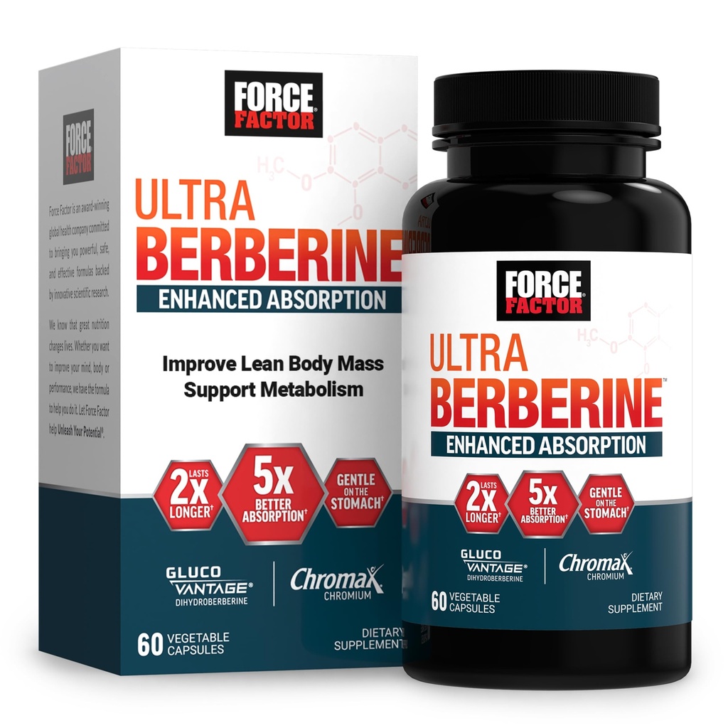 FORCE FACTOR Ultra Berberine Enhanced Absorption, mit Ceylon Cinnamon, Dihydroberine & Chrom, 5X Absorption, 2X Längere Dauer, Förderung Lean Body Maß, 60 Gemüse Kapseln