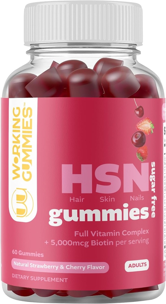 HSN-Gummien - Haarhaut und Nails-Gummien - Sugar Free Biotin Gummies 5000mcg mit vollem Vitamin-Komplex für Haarwachstum, Gesunde Haut, Nailstärke - 60 Ct Erdbeere & Kirsche Flavor